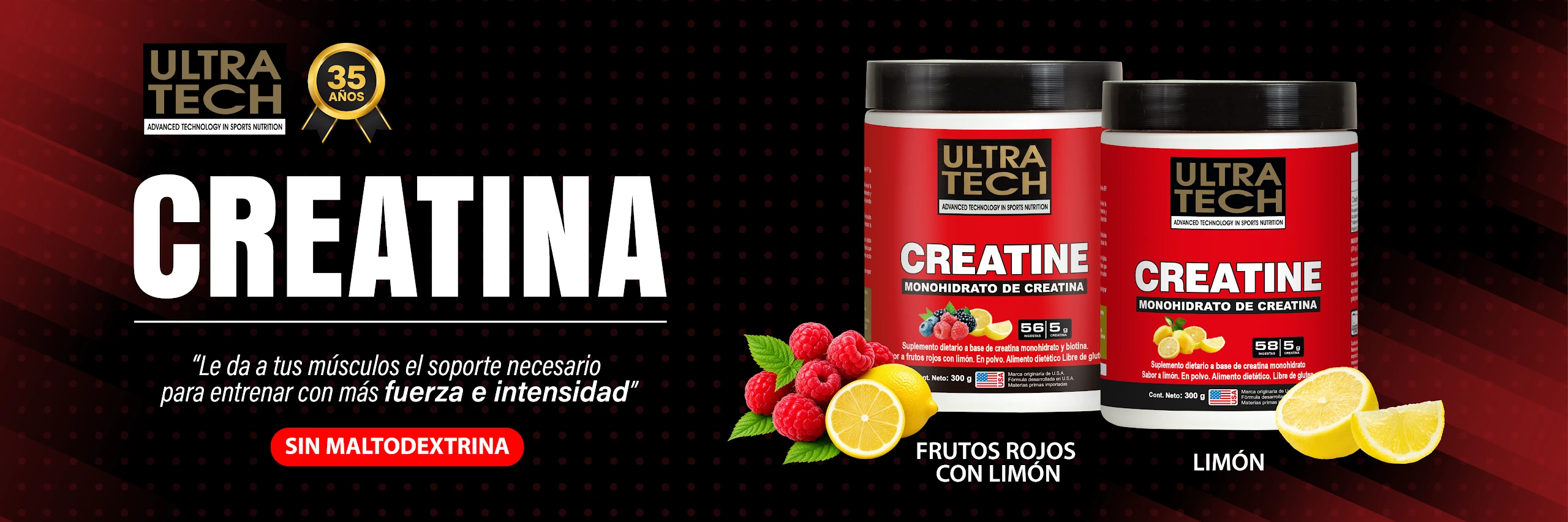 Creatina UltraTech sabores Frutos Rojos con Limón y Limón