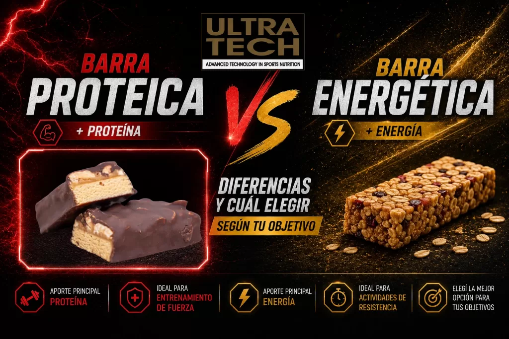 Comparativa entre una barra energética y una barra proteica con identidad visual de Ultra Tech, mostrando sus principales diferencias, beneficios y cuándo elegir cada opción según el objetivo deportivo.
