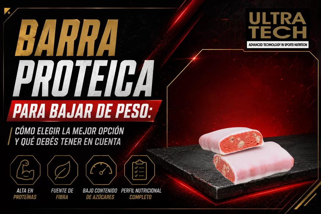 Diseño informativo sobre barra proteica para bajar de peso con espacio para incorporar las barras proteicas de Ultra Tech y destacar sus principales características nutricionales.