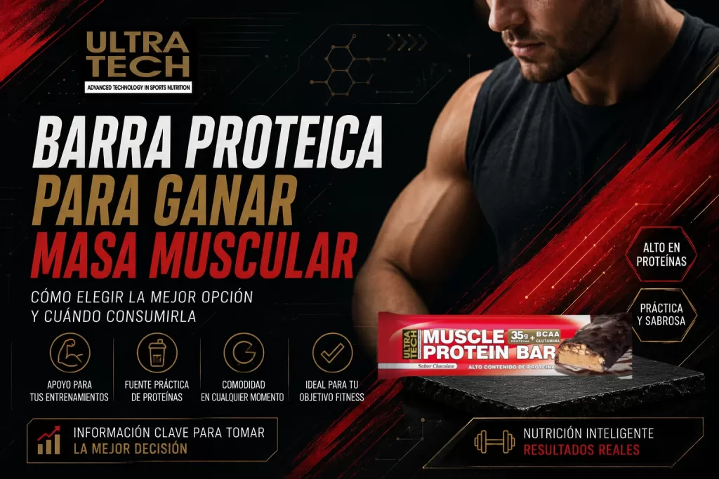 Ilustración sobre barra proteica para ganar masa muscular con identidad visual de Ultra Tech, enfocada en entrenamiento de fuerza, nutrición deportiva y elección informada de una barra proteica.