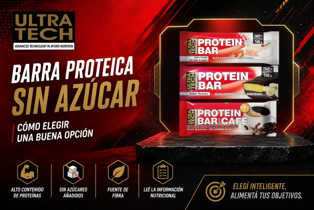 Ilustración sobre cómo elegir una barra proteica sin azúcar, con espacio para mostrar las barras proteicas de Ultra Tech y destacar criterios como el alto contenido de proteínas, el aporte de fibra y la información nutricional.