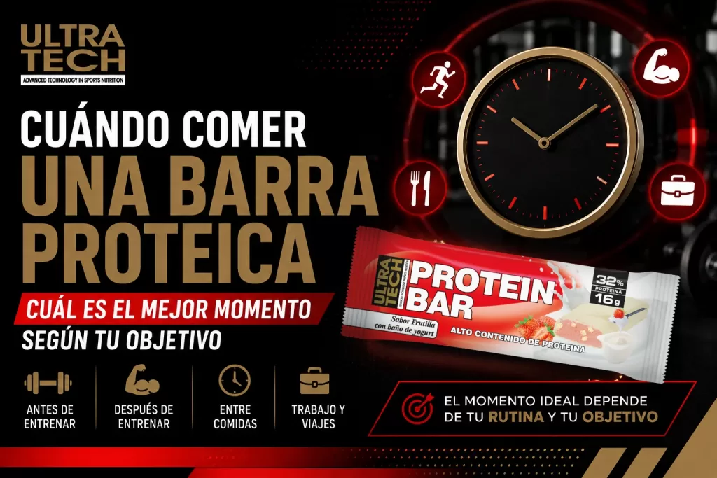Imagen ilustrativa sobre cuándo comer una barra proteica, mostrando los principales momentos de consumo según la rutina y los objetivos deportivos, con identidad visual de Ultra Tech.