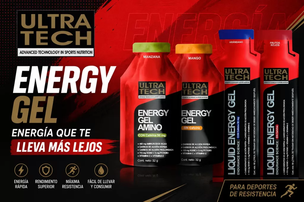 Imagen promocional de Energy Gel Ultra Tech con diseño en rojo, negro y dorado para deportes de resistencia y energía sostenida durante el entrenamiento.