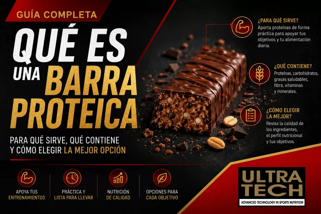 Ilustración sobre qué es una barra proteica, para qué sirve, qué contiene y cómo elegir una opción de calidad, con diseño informativo de Ultra Tech.