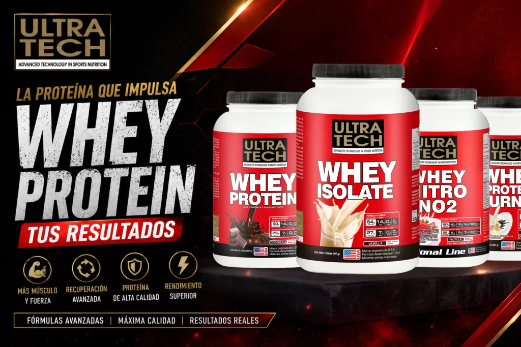 Guía completa sobre whey protein con productos Ultra Tech Nutrition, beneficios para ganar masa muscular, recuperación deportiva y rendimiento físico.