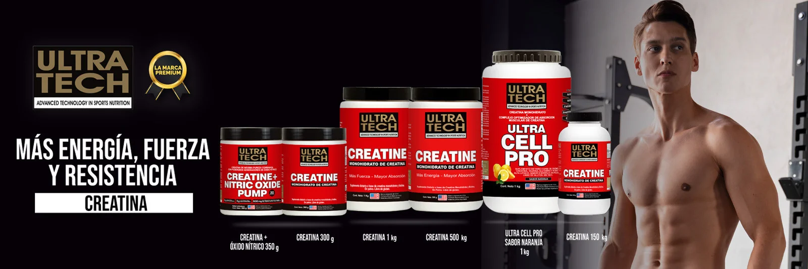 Línea de creatinas Ultra Tech con creatina monohidrato, Creatine Nitric Oxide Pump y Ultra Cell Pro para mejorar la fuerza, la energía, la resistencia y el rendimiento deportivo.