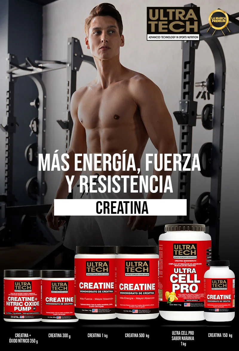 Línea de creatinas Ultra Tech con creatina monohidrato, Creatine Nitric Oxide Pump y Ultra Cell Pro para mejorar la fuerza, la energía, la resistencia y el rendimiento deportivo.