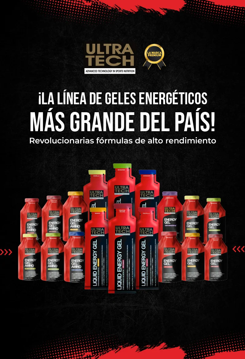 Línea de geles energéticos Ultra Tech con Energy Gel, Liquid Energy Gel y Energy Gel Amino para aportar energía rápida y mejorar el rendimiento deportivo durante entrenamientos y competencias.