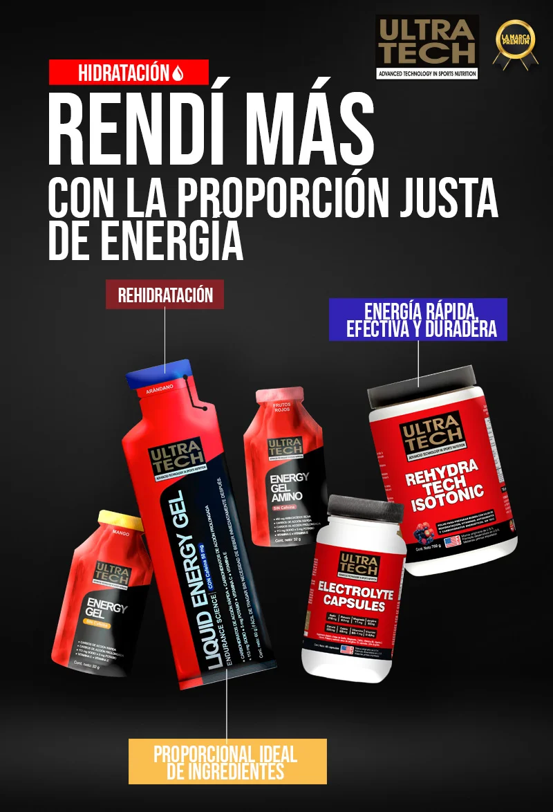 Línea de hidratación deportiva Ultra Tech con Energy Gel, Liquid Energy Gel, Energy Gel Amino, Rehydra Tech Isotonic y Electrolite Capsules para energía y rehidratación durante el entrenamiento.