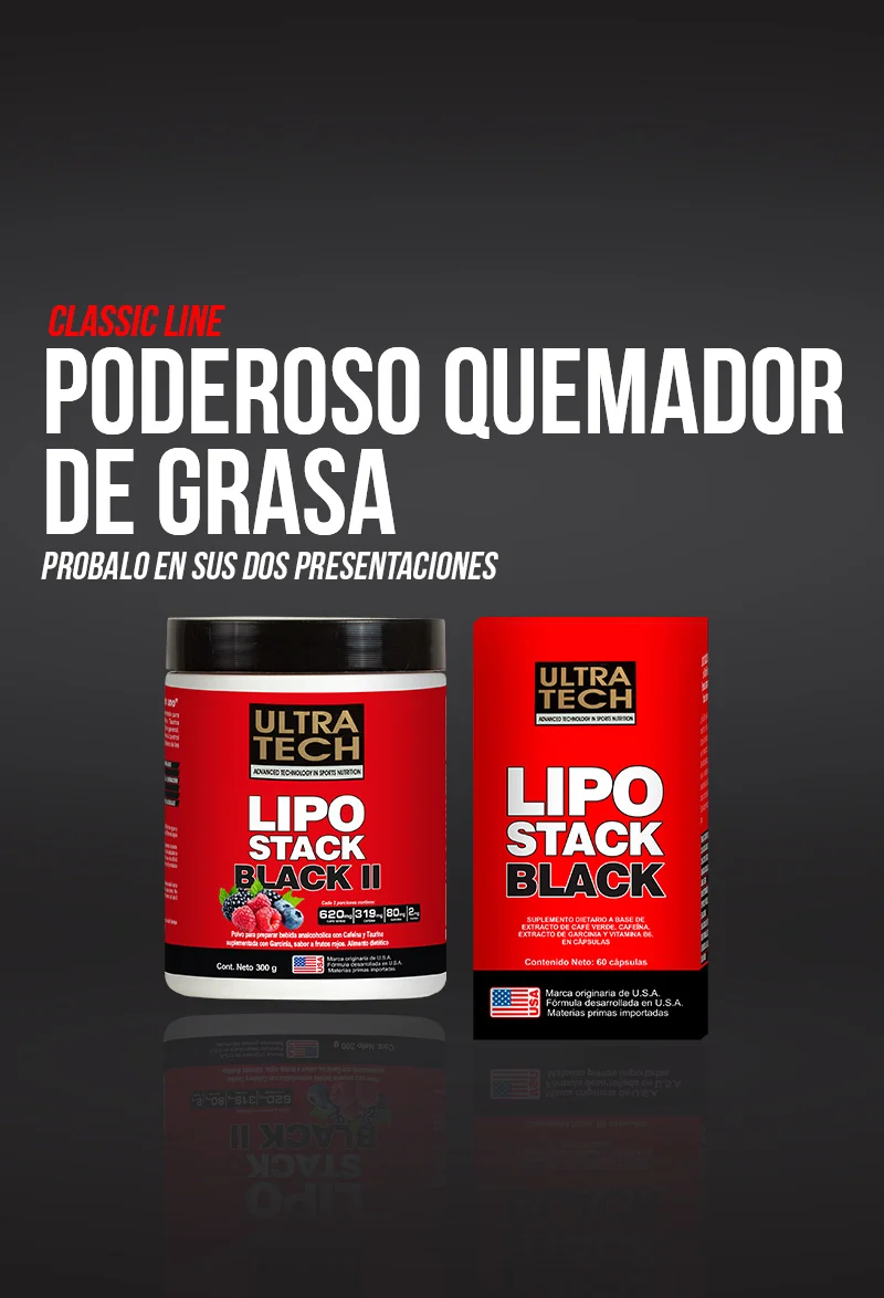 Lipo Stack Black Ultra Tech, suplemento quemador de grasa disponible en polvo y cápsulas para complementar el entrenamiento y el control del peso.
