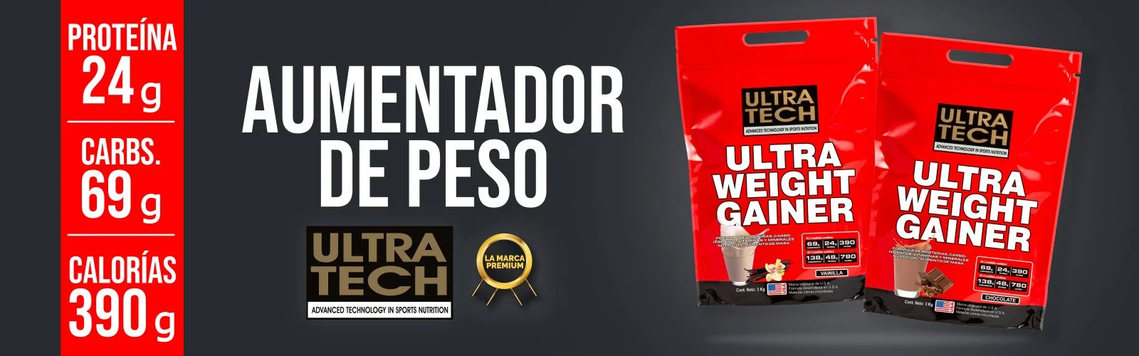 Ultra Weight Gainer Ultra Tech, aumentador de peso con 24 g de proteína, 69 g de carbohidratos y 390 calorías por porción, disponible en sabores vainilla y chocolate.