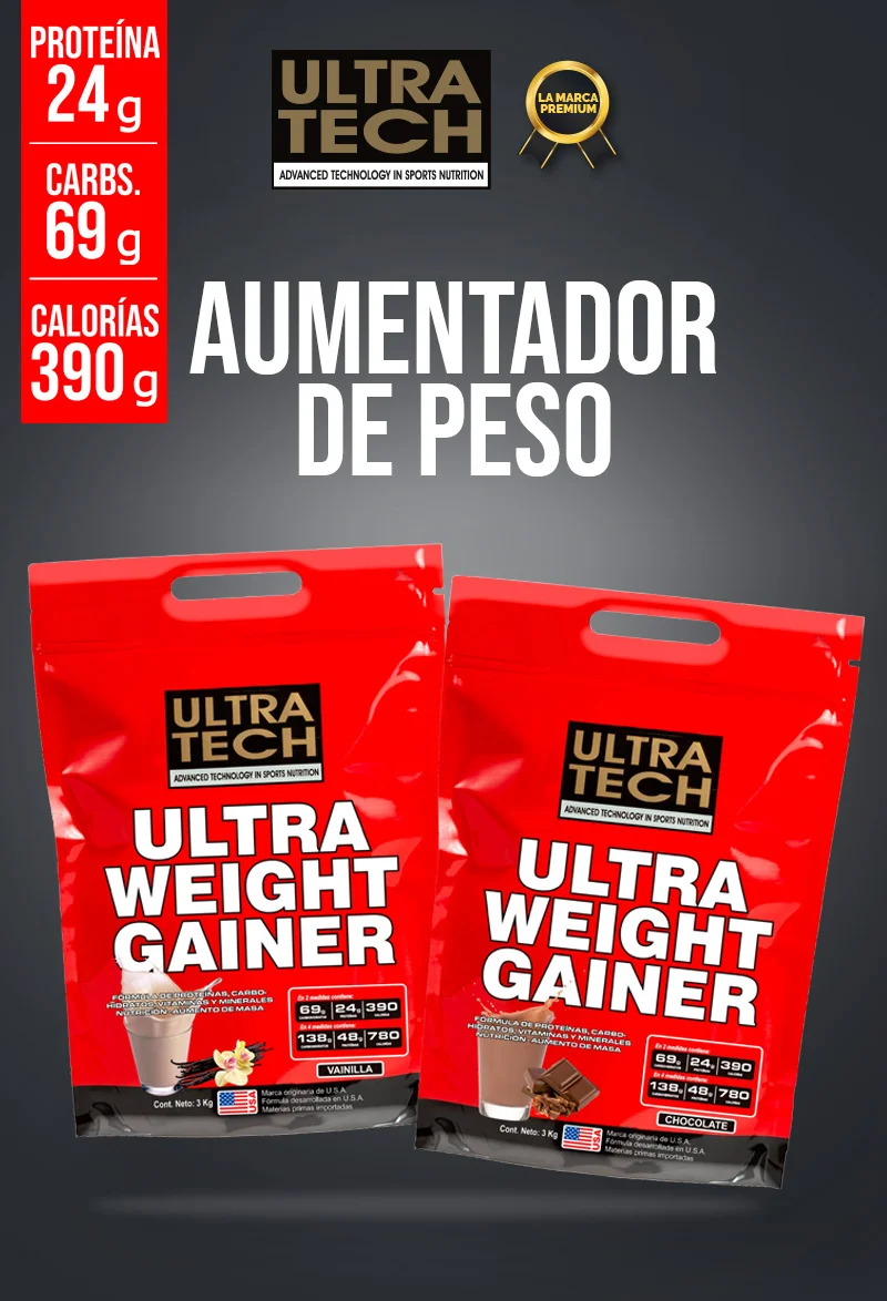 Ultra Weight Gainer Ultra Tech, aumentador de peso con 24 g de proteína, 69 g de carbohidratos y 390 calorías por porción, disponible en sabores vainilla y chocolate.