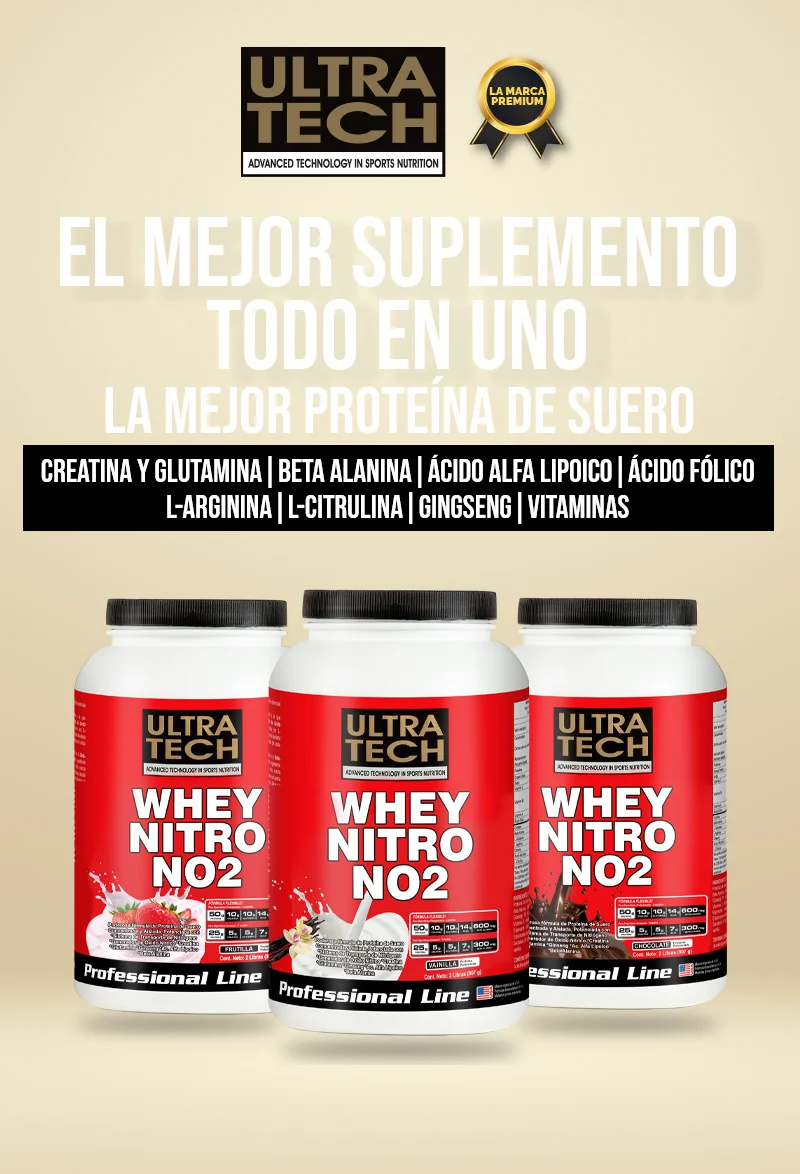 Whey Nitro NO2 Ultra Tech, suplemento de proteína de suero con creatina, glutamina, beta alanina, L-arginina, L-citrulina, ginseng, vitaminas y sabores frutilla, vainilla y chocolate.