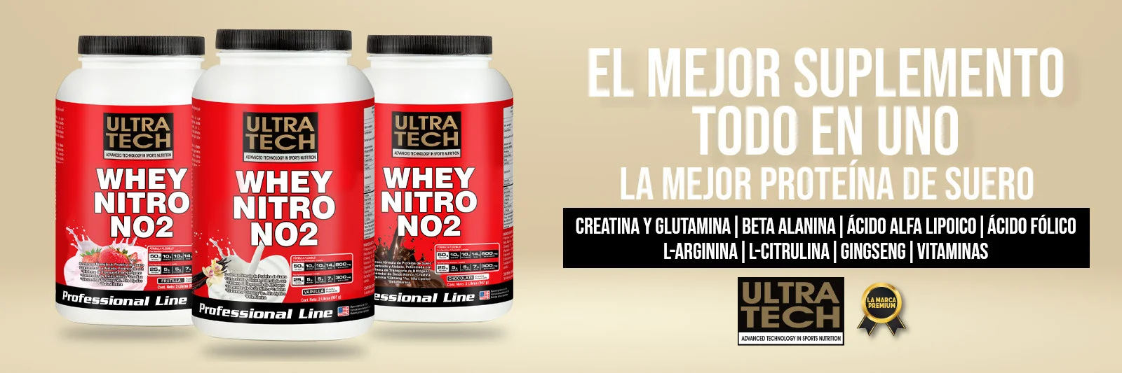 Whey Nitro NO2 Ultra Tech, suplemento de proteína de suero con creatina, glutamina, beta alanina, L-arginina, L-citrulina, ginseng, vitaminas y sabores frutilla, vainilla y chocolate.