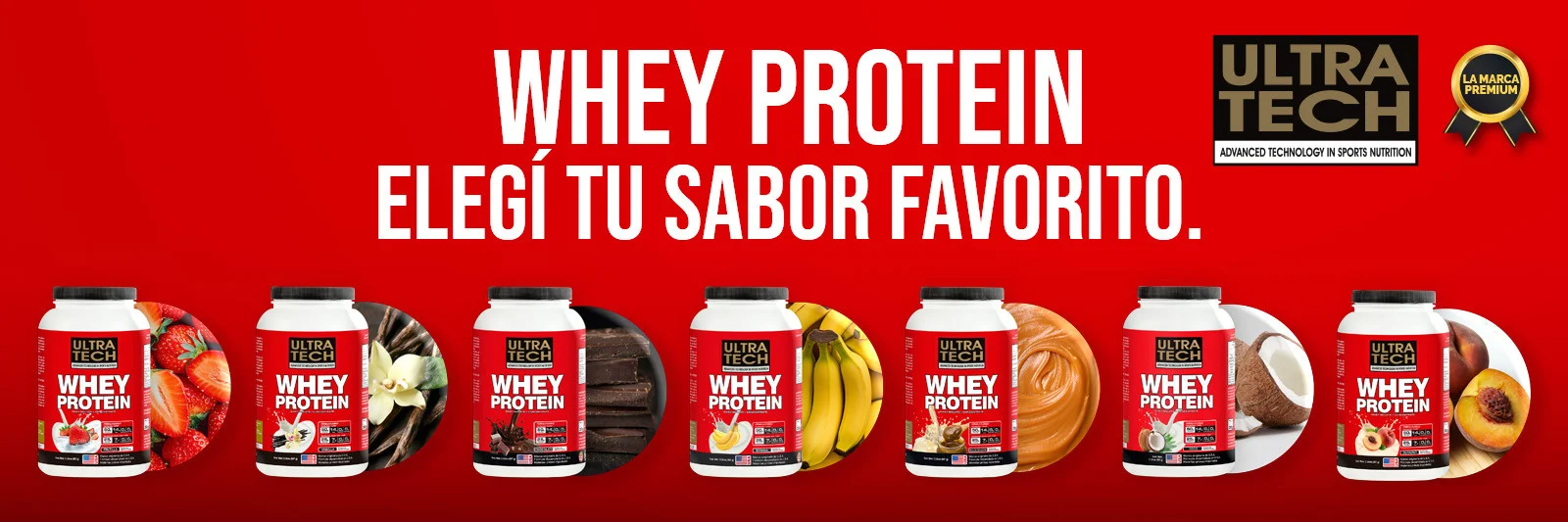 Whey Protein Ultra Tech disponible en sabores frutilla, vainilla, chocolate, banana, dulce de leche, coco y durazno.