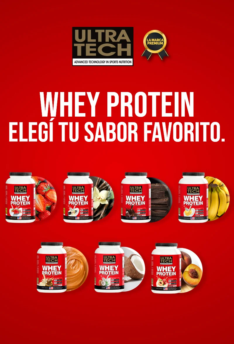 Whey Protein Ultra Tech disponible en sabores frutilla, vainilla, chocolate, banana, dulce de leche, coco y durazno.