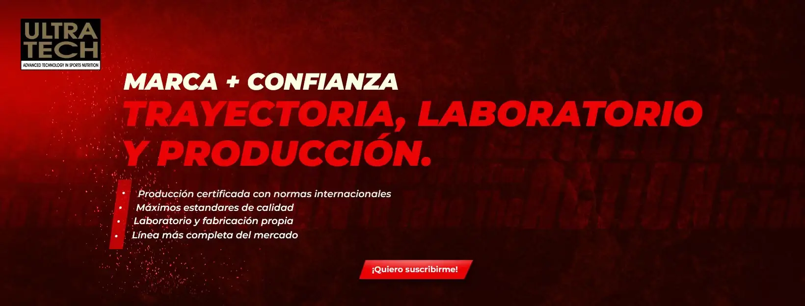 Banner institucional de Ultra Tech sobre calidad, producción certificada, laboratorio propio y fabricación de suplementos deportivos.