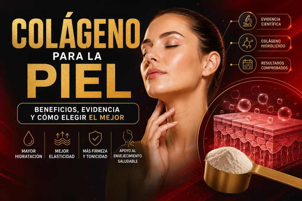 Ilustración sobre el colágeno para la piel con una representación de la dermis, sus principales beneficios respaldados por la evidencia científica