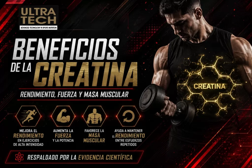 Infografía sobre los beneficios de la creatina para mejorar el rendimiento deportivo, aumentar la fuerza y favorecer el desarrollo de masa muscular, con diseño de Ultra Tech.