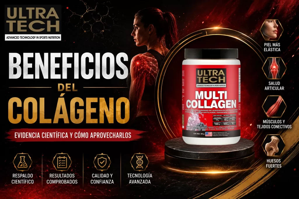 Ilustración sobre los beneficios del colágeno respaldados por la evidencia científica para la piel, las articulaciones, los músculos y los huesos, con espacio para presentar un suplemento de colágeno de Ultra Tech.