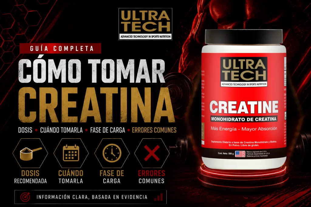 Ilustración sobre cómo tomar creatina correctamente con información sobre dosis recomendada, cuándo tomarla, fase de carga y errores comunes, diseñada para la guía de Ultra Tech.