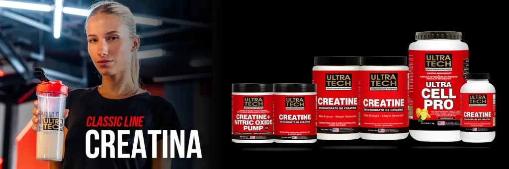 Línea de creatinas Ultra Tech con creatina monohidrato, Creatine Nitric Oxide Pump y Ultra Cell Pro junto a una persona con shaker durante un entrenamiento.