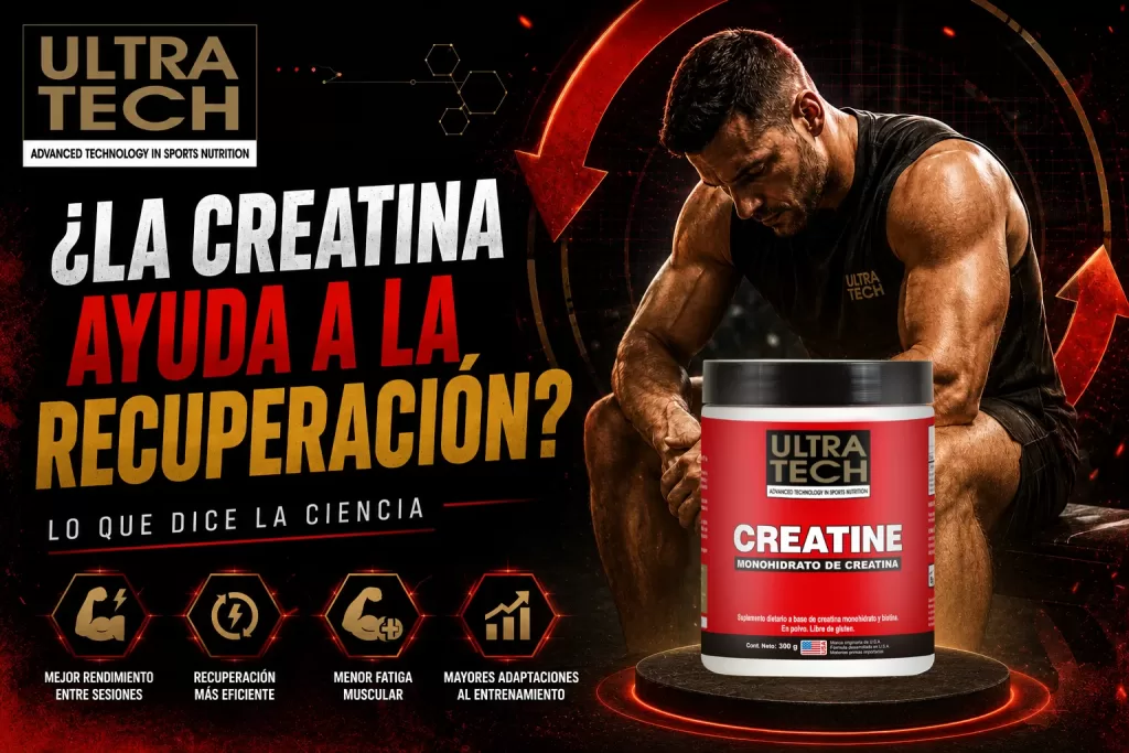 Ilustración sobre cómo la creatina puede favorecer la recuperación muscular después del entrenamiento, con un atleta descansando en un gimnasio y un espacio reservado para incorporar el envase de creatina de Ultra Tech.