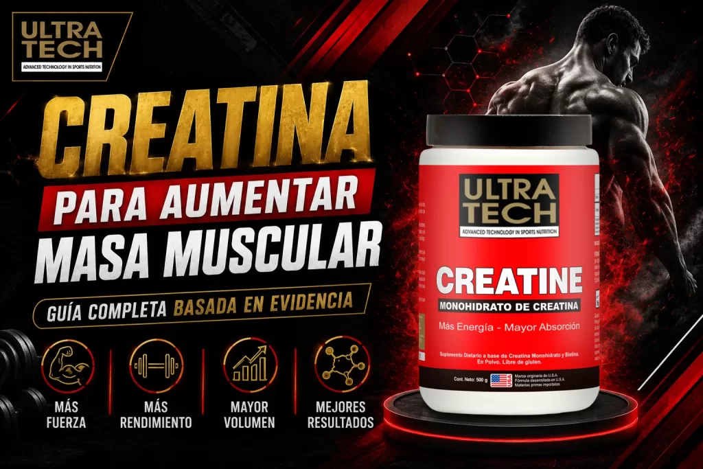 Ilustración sobre creatina para aumentar masa muscular con atleta entrenando, espacio para incorporar el envase de creatina de Ultra Tech y elementos visuales relacionados con fuerza, rendimiento e hipertrofia muscular.