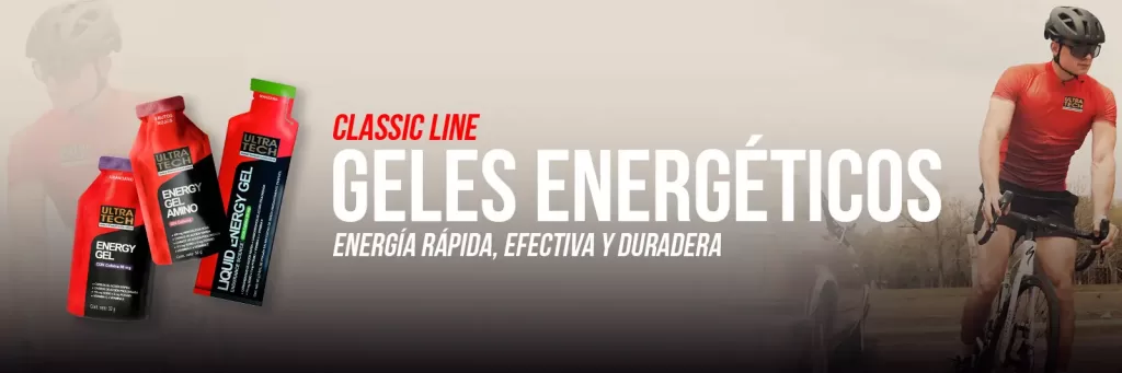 Línea de geles energéticos Ultra Tech con Energy Gel, Energy Gel Amino y Liquid Energy Gel para aportar energía rápida durante entrenamientos y competencias de resistencia.