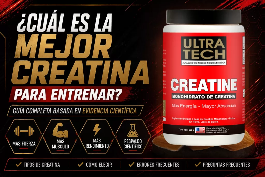 Ilustración sobre la mejor creatina para entrenar con espacio para incorporar el producto de Ultra Tech, destacando una guía basada en evidencia científica para elegir la creatina más adecuada según los objetivos deportivos.
