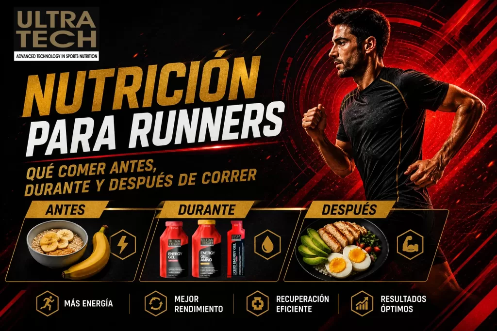Infografía sobre nutrición para runners con recomendaciones sobre qué comer antes, durante y después de correr para optimizar el rendimiento deportivo