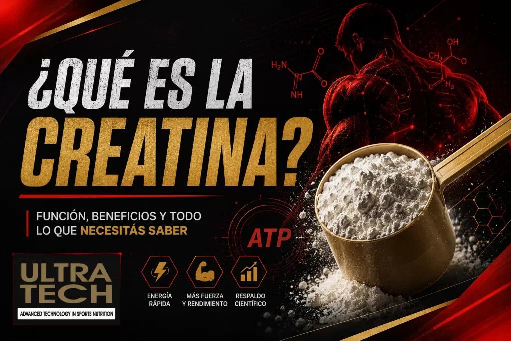 Ilustración sobre qué es la creatina, cómo funciona en el organismo y sus beneficios para el rendimiento deportivo, con diseño de Ultra Tech.