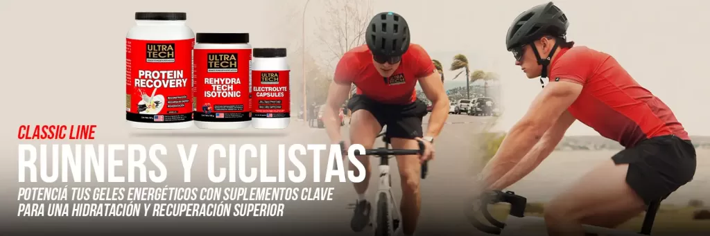 Suplementos Ultra Tech para runners y ciclistas con Protein Recovery, Rehydra Tech Isotonic y Electrolite Capsules para hidratación, recuperación y rendimiento deportivo.