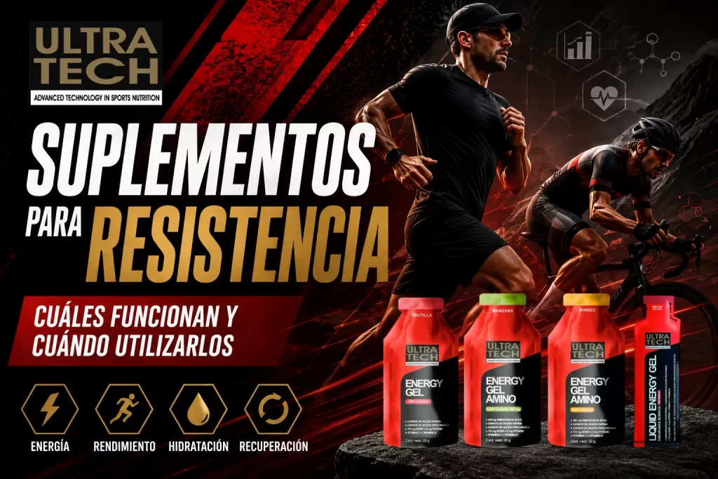 Infografía sobre suplementos para resistencia con un corredor y un ciclista, enfocada en mejorar el rendimiento, la energía, la hidratación y la recuperación en deportes de resistencia.