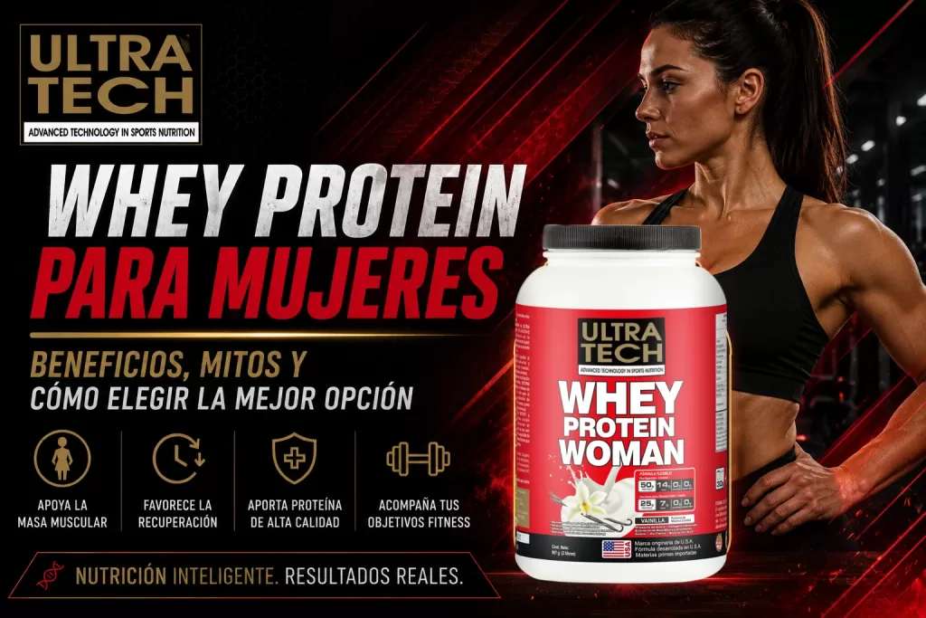 Mujer deportista junto a Whey Protein para mujeres con beneficios, mitos y cómo elegir la mejor opción